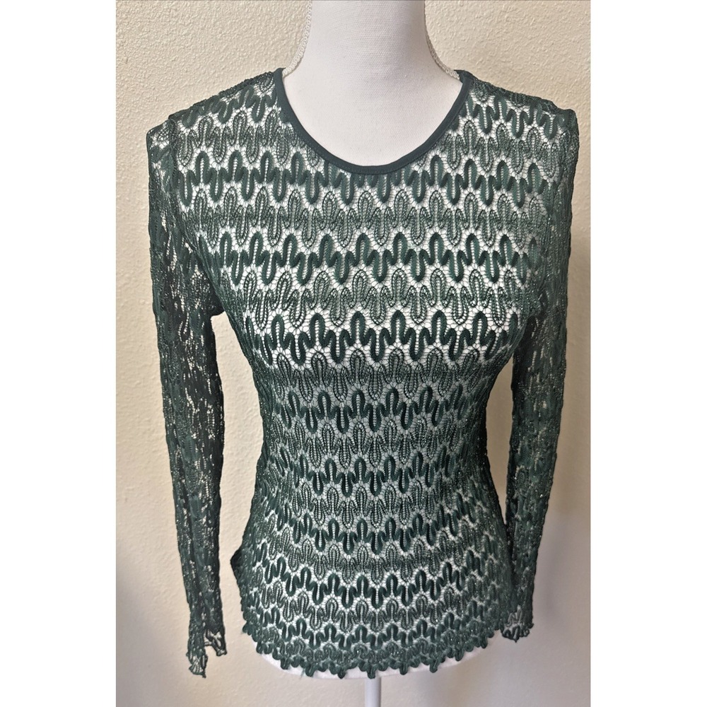 Vtg Y2k Top Sheer Lace Green Metallic Thread 70s‎ Vibe Retro Festival Layering